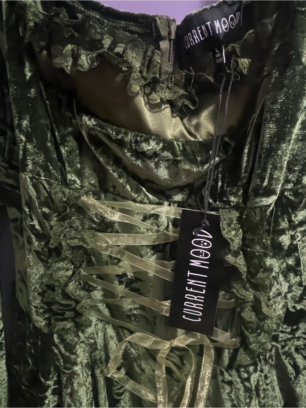 Current Mood Myths N Legends Green Velvet Mini Dress Forest Fairy, L (BNWT) - Picture 7 of 9